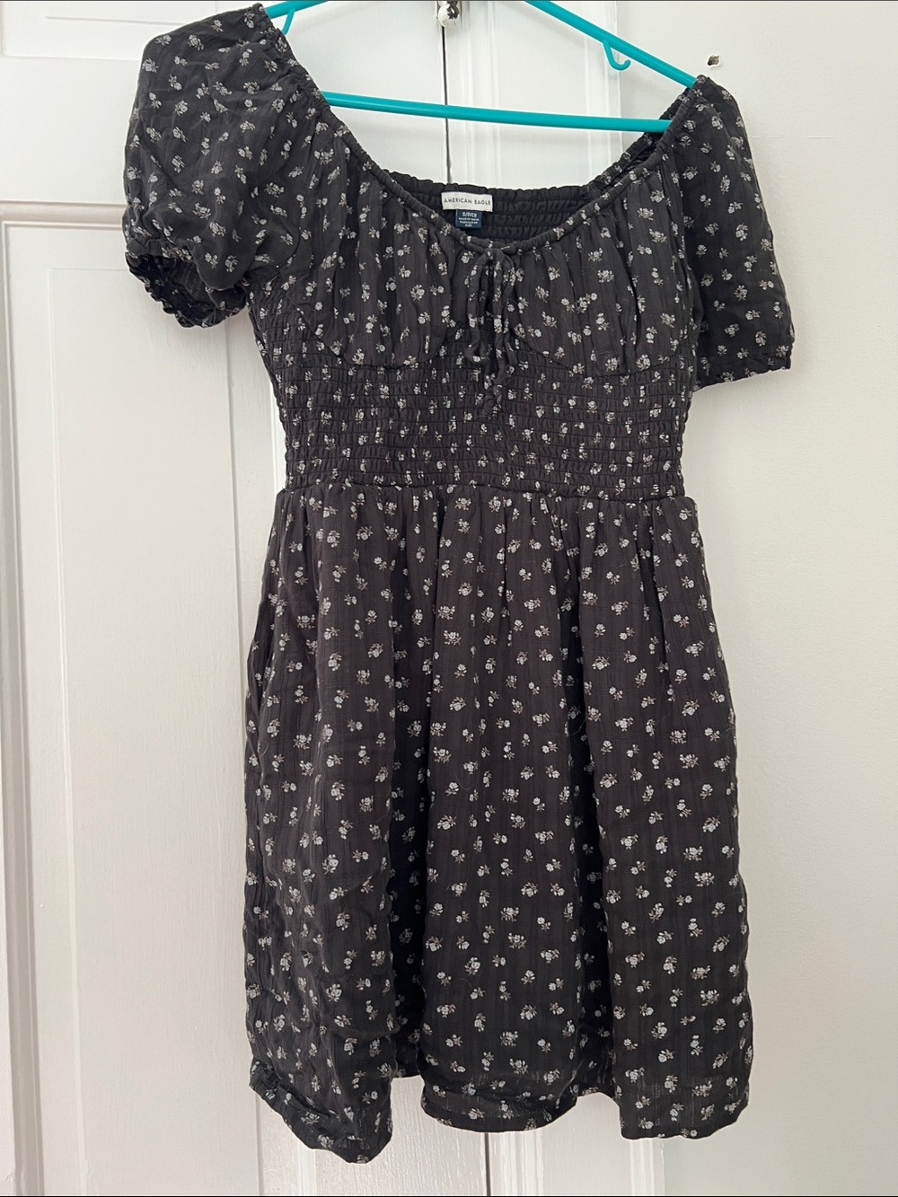 American Eagle Black Floral Smocked Peasant Dress